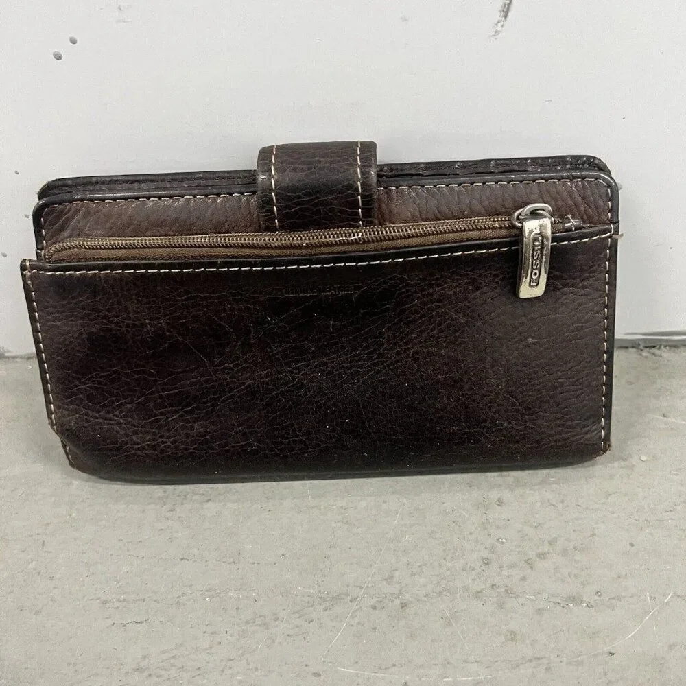 Vintage Fossil Brown Leather Women's Wallet‎ Multi-Compartment Checkbook Snap